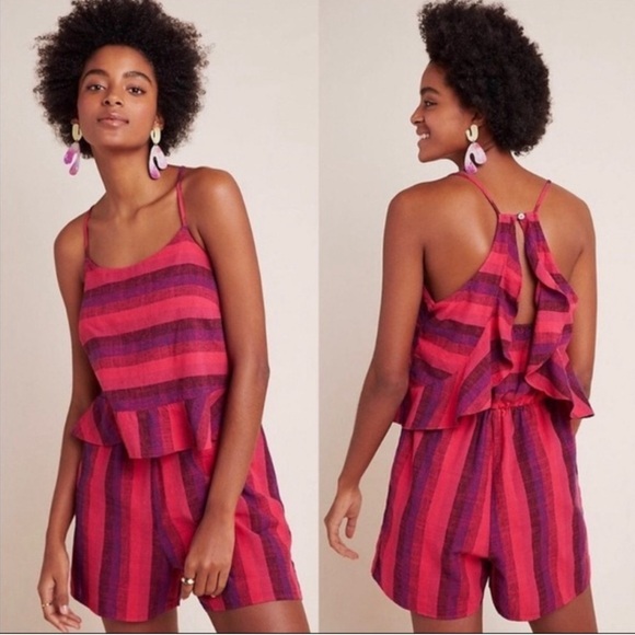 Anthropologie Amadi Melia Striped Linen Shorts Romper Jumper - Picture 1 of 14